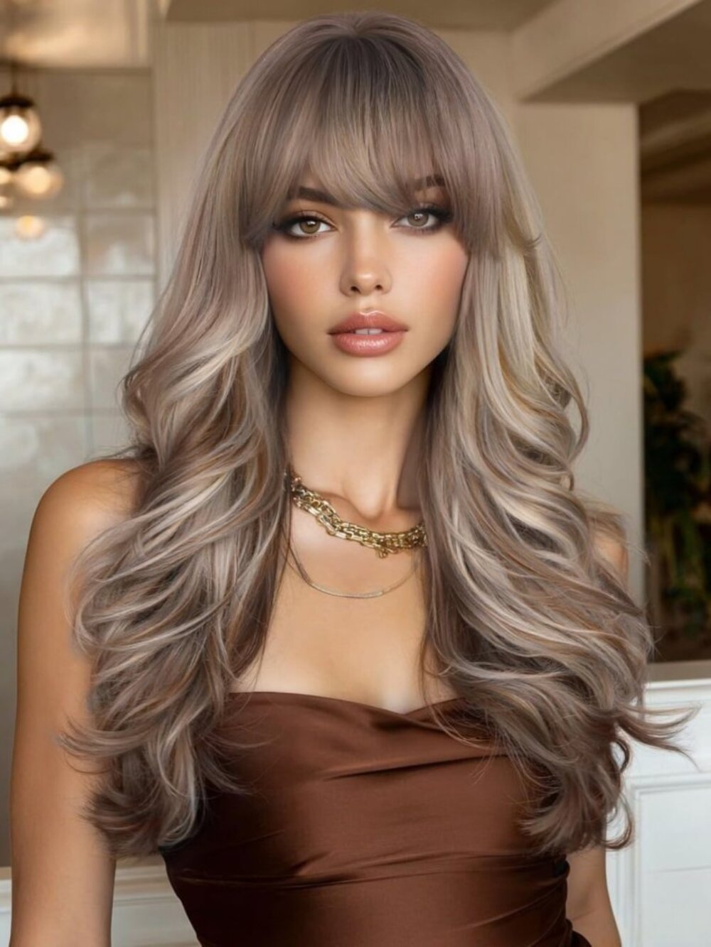 Long Brown Mixed Blonde Curly Wig with Bangs - 26 Inch Ombre Hairpiece